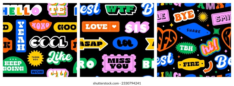 Funny retro text quote sticker seamless pattern set. Colorful vintage style typography sign background collection. Fun repeat texture print with slang lettering, comic word icon.