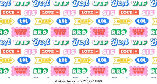 Funny retro text quote sticker seamless pattern. Colorful vintage style typography sign background. Fun repeat texture print with slang lettering, comic word icon.