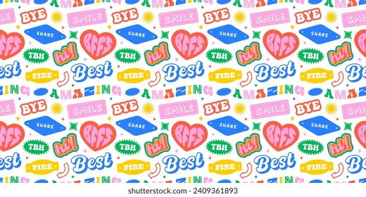 Funny retro text quote sticker seamless pattern. Colorful vintage style typography sign background. Fun repeat texture print with slang lettering, comic word icon.