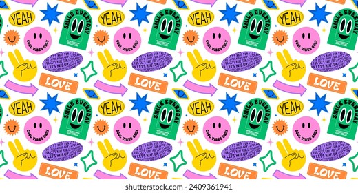 Funny retro text quote sticker seamless pattern. Colorful vintage style typography sign background. Fun repeat texture print with slang lettering, comic word icon.