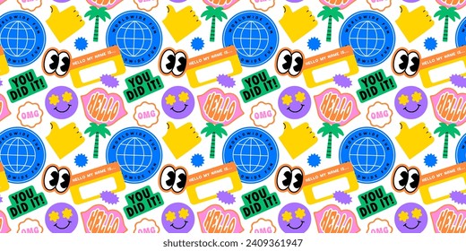 Funny retro text quote sticker seamless pattern. Colorful vintage style typography sign background. Fun repeat texture print with slang lettering, comic word icon.