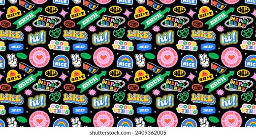 Funny retro text quote sticker seamless pattern. Colorful vintage style typography sign background. Fun repeat texture print with slang lettering, comic word icon.