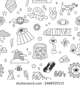 Funny retro UFO flying on rainbow, word Love, distorted emoticons. Cool background of 70s 60s vector illustration. Groovy outline line psychedelic seamless pattern with hippy emoji and characters set.