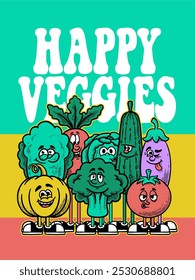 Funny retro vegetables poster. Groovy style, vintage, cute, realfood, illustration, mascot, character. eggplant, bitter melon, carrots, pumpkin, mustard greens, lettuce, cabbage, broccoli