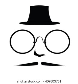 Funny Retro Vintage Face with Round Glasses, Pencil Mustaches and Silk Hat - isolated vector illustration