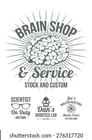 Funny retro-futuristic style scientific shops advertisement badges. Cool old style graphic logos for store advertising. Brain shop, scientist on duty, Robotics lab, domestic nuclear reactors.