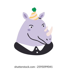 Funny rhino animal in birthday hat. Cute comic rhinoceros in festive party cap. Quirky humorous wild character celebrating bday, avatar. Flat vector illustration isolated on white background