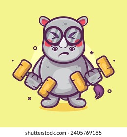 funny rhino animal character mascot doing bodybuilding using dumbbell isolated cartoon