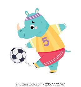 Funny Rhino Animal Character Playing Football Wearing Uniform Passing Ball Vector Illustration