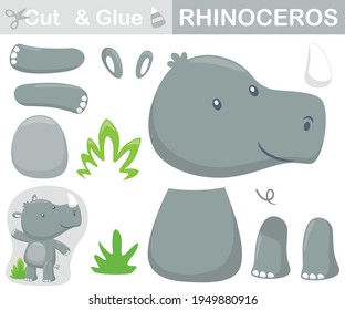 Funny rhino cartoon. Education paper game for children. Cutout and gluing. Vector illustration