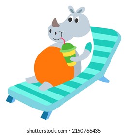 Funny rhino character resting on chaise longue drinking cocktail or cool smoothie. Isolated animal laying on bed, summer vacation and recreation during hot seasons. Vector in flat style illustration