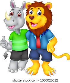 funny rhino and lion cartoon standing with smile and thumb up