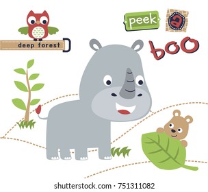 funny rhino with little friends, vector cartoon illustration