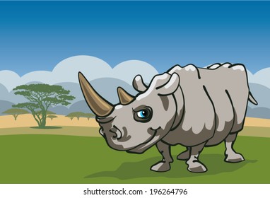 Funny Rhinoceros in African savanna. Vector illustration