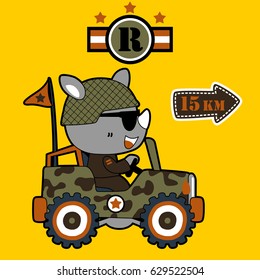 Funny rhinoceros in army uniform driving military car, vector cartoon illustration