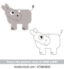 Funny Rhinoceros to be traced only of one line, the tracing educational game to preschool kids with easy game level, the colorful and colorless version.
