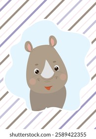 Funny rhinoceros face on striped background. Flat style vector illustration for birthday invitation, cards and stickers.