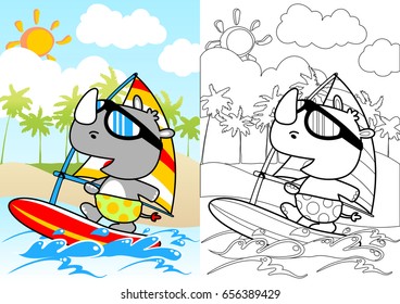 Funny rhinoceros playing windsurfing in the beach at summer, vector cartoon, coloring book or page