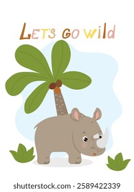 Funny rhinoceros stands by the palm tree. Flat style vector illustration for birthday invitation, cards and stickers.