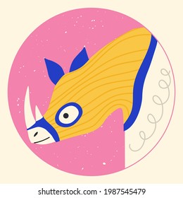 Funny rhinoceros wearing balaclava ski mask. Hipster rhino dressed as a robber with a colorful thief mask. Isolated print for T-shirt, poster, mug, and for cricut.
