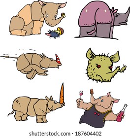 Funny rhinos. Set of vector illustrations in cartoon style.