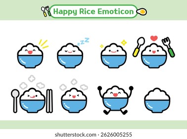 Personagens engraçados de tigela de arroz expressando emoções como alegria, sonolência e brilhos. Inclui colher, garfo e elementos de vapor. Ideal para adesivos, quadros de animação e conteúdo infantil.