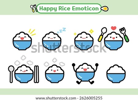 Funny rice bowl characters expressing emotions such as joy, sleepiness, and sparkles. Includes spoon, fork, and steam elements. Ideal for stickers, animation frames, and children's content.