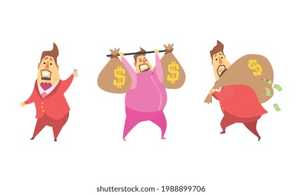 Funny Rich Millionaire Set, Fat Businessman Character Carrying Money Sacks Cartoon Vector Illustration