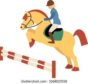 Funny rider and horse jump over the barrier.