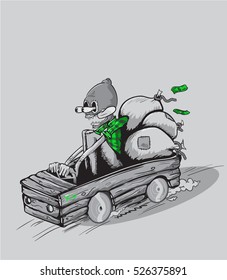 Funny rider in wooden vehicle with money sacks in the back/ Editable Eps 10.