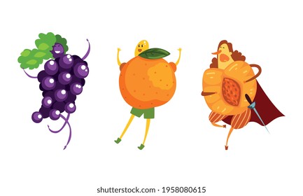 Funny Ripe Fruit and Berries as Humanized Comic Characters Vector Set
