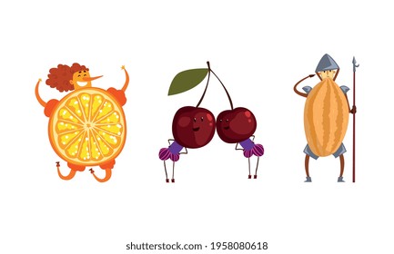 Funny Ripe Fruit and Berries as Humanized Comic Characters Vector Set