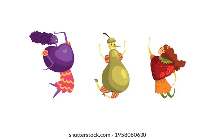 Funny Ripe Fruit and Berries as Humanized Comic Characters Vector Set