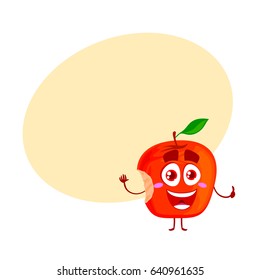 Funny ripe red apple saying hello and smiling. Vector illustration isolated on white background with place for text