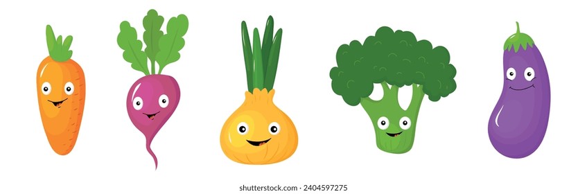 Funny Ripe Vegetables Character with Smiling Face Vector Set