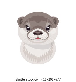 Funny river otter head isolated on white background. Cartoon cute animal muzzle vector flat illustration.