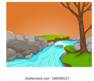 funny river scenery cartoon on afternoon
