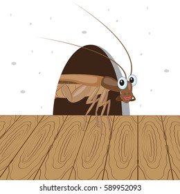 funny roach peeking out of a hole in the wall. Vector illustration