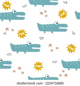 Funny roaring crocodile seamless pattern. Kids cartoon print. Vector hand drawn illustration.