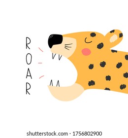 Funny roaring leopard  Trendy graphic  Vector hand drawn illustration 
