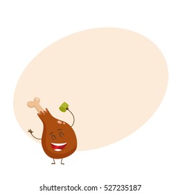 Funny roasted, fried, grilled chicken leg character, cartoon style vector illustration on yellow background with place for text. Cute crispy chicken leg, drumstick character with eyes, legs, smile