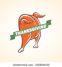 Funny roasted turkey icon isolated on light gradient background covered by green banner ribbon with text "Thanksgiving". Thanksgiving seasonal illustration for banners, posters, cards, web-design etc.