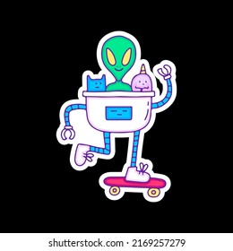 Funny Robot With Alien, Cat, And Unicorn Riding Skateboard, Illustration For T-shirt, Sticker, Or Apparel Merchandise. With Doodle, Retro, And Cartoon Style.