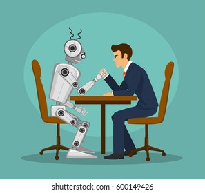 Funny robot and businessman arm wrestling, fighting . artificial intelligence vs human competition concept