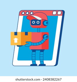 Un robot gracioso en una gorra sosteniendo una caja de cartón, parado frente a una ventana del navegador web. Servicio de entrega automático.