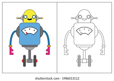Funny Roboter Cartoon, Farbbuch oder Seite. Vektorgrafik.