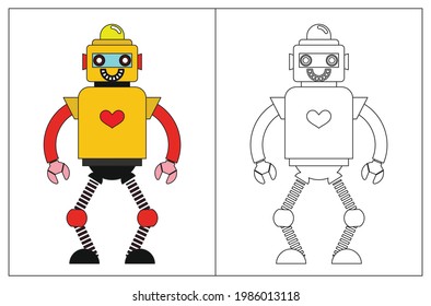Funny robot cartoon, coloring book or page. Vector illustration.