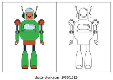 Funny Roboter Cartoon, Farbbuch oder Seite. Vektorgrafik.