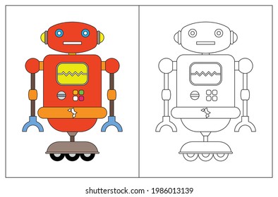 Funny robot cartoon, coloring book or page. Vector illustration.