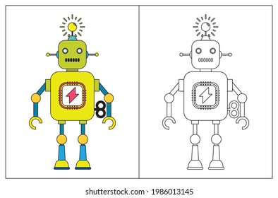 Funny robot cartoon, coloring book or page. Vector illustration.